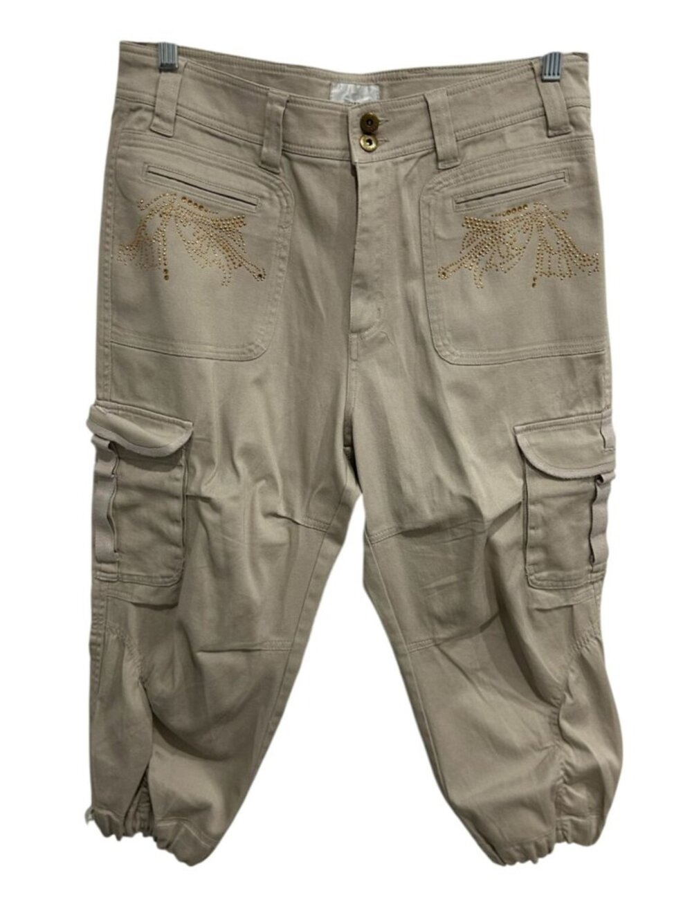 Vintage Caren Sport Beige Cargo Capri Pants Gold Rhinestone Design Size 14
